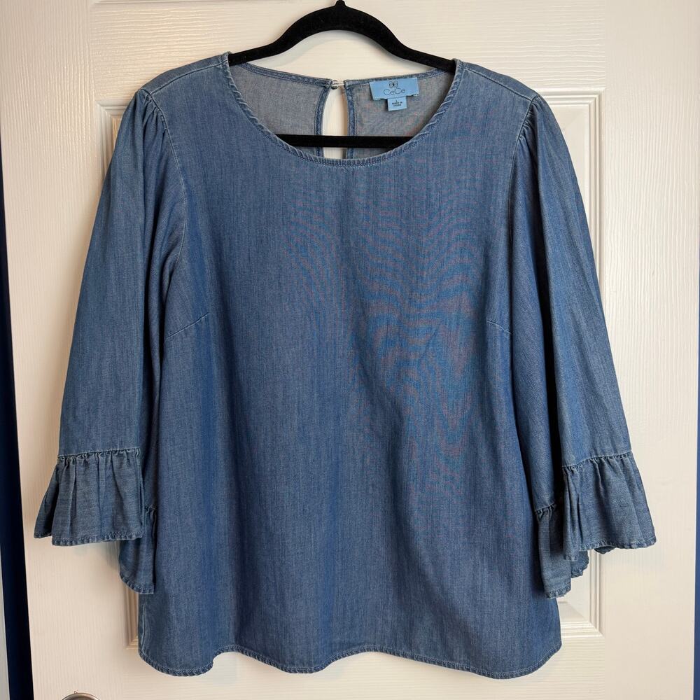 CeCe Blouse Womens Large Blue Cotton Chambray Ruffle Bell Sleeve Top